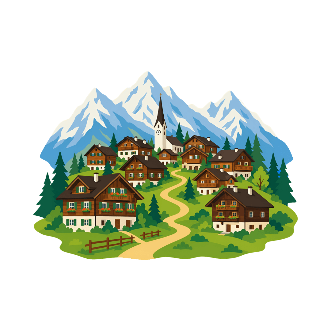 Illustrated Swiss Alpine village beneath snow-capped mountains